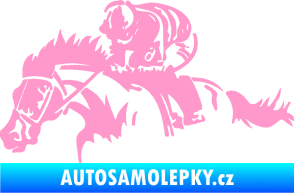 Samolepka Kůň 075 levá závod s jezdcem, dostihy světle růžová