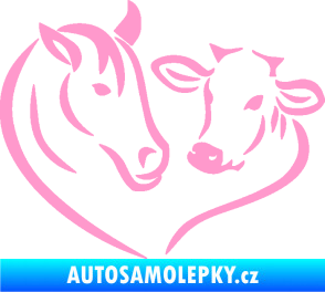 Samolepka Kůň s kravičkou v srdíčku levá láska ke zvířatům světle růžová