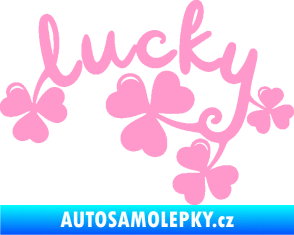 Samolepka Lucky nápis štěstí se čtyřlístky světle růžová
