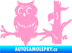Samolepka Sova 005 levá na větvi světle růžová