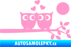 Samolepka Zamilované sovy pravá na větvičce světle růžová