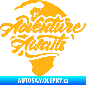Samolepka Adventure Awaits dobrodružství čeká nápis se zeměkoulí světle oranžová