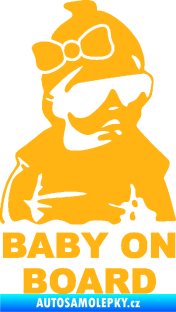 Samolepka Baby on board 001 pravá s textem miminko s brýlemi a s mašlí světle oranžová