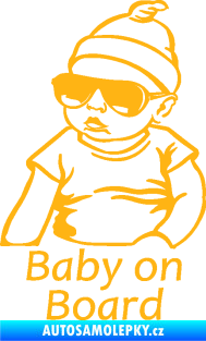 Samolepka Baby on board 003 levá s textem miminko s brýlemi světle oranžová