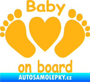 Samolepka Baby on board 004 s textem nožičky se srdíčkem světle oranžová