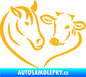 Samolepka Kůň s kravičkou v srdíčku levá láska ke zvířatům světle oranžová