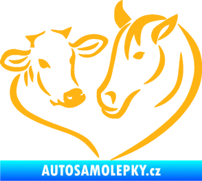 Samolepka Kůň s kravičkou v srdíčku pravá láska ke zvířatům světle oranžová