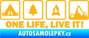 Samolepka One life, live it kempování s nápisem světle oranžová