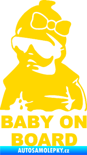 Samolepka Baby on board 001 levá s textem miminko s brýlemi a s mašlí jasně žlutá