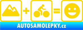 Samolepka Hory + kolo = veselý smajlík cyklista na horách jasně žlutá