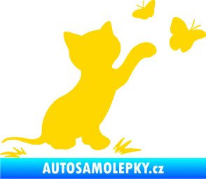 Samolepka Kočka 037 pravá s motýlky jasně žlutá