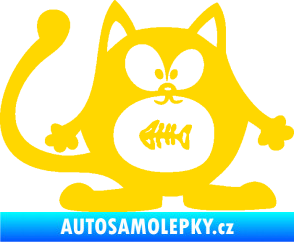 Samolepka Kočka 042 pravá s rybou v bříšku jasně žlutá
