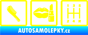 Samolepka Girl race car symboly brush, lipstick, shift žlutá citron