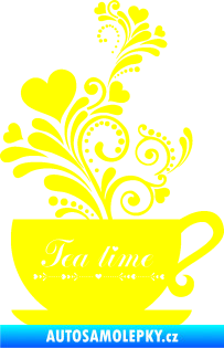 Samolepka Interiér 017 čas na čaj, hrníček s kytičkami žlutá citron