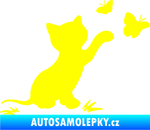 Samolepka Kočka 037 pravá s motýlky žlutá citron