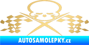 Samolepka Champion 001 lebka se šachovnicovou vlajkou zlatá metalíza