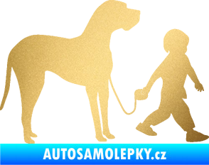Samolepka Chlapec venčí psa pravá zlatá metalíza