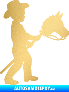 Samolepka Děti silueta 012 pravá kluk s dřevěným koníkem zlatá metalíza