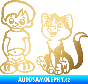 Samolepka Dítě v autě 097 levá kluk a kočka zlatá metalíza