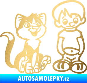 Samolepka Dítě v autě 097 pravá kluk a kočka zlatá metalíza
