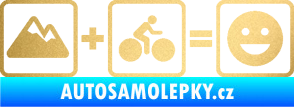 Samolepka Hory + kolo = veselý smajlík cyklista na horách zlatá metalíza