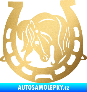 Samolepka Koňská podkova 004 levá s koníkem zlatá metalíza
