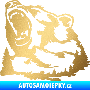 Samolepka Krajina hory 032 levá les s medvědem zlatá metalíza