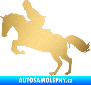 Samolepka Kůň 014 levá skok s jezdcem zlatá metalíza