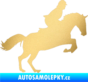 Samolepka Kůň 014 pravá skok s jezdcem zlatá metalíza
