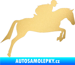 Samolepka Kůň 020 pravá skok s jezdcem zlatá metalíza