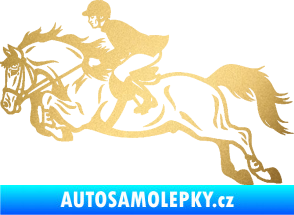 Samolepka Kůň 059  levá jezdec na koni parkur zlatá metalíza