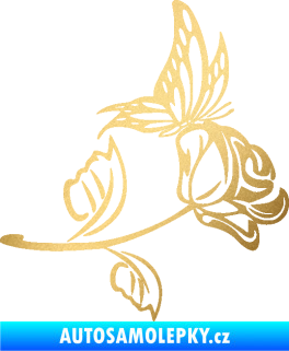 Samolepka Květina dekor 030 pravá růže s motýlkem zlatá metalíza