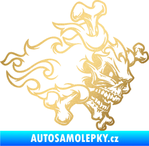 Samolepka Lebka 022 pravá kosti v plamenech zlatá metalíza