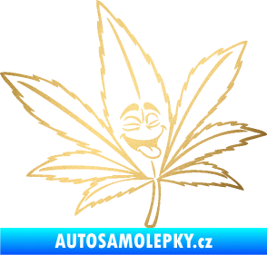 Samolepka Travka 003 pravá lístek marihuany s obličejem zlatá metalíza