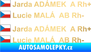 Samolepka Vlajka ČR se jménem a krevní skupinou zlatá metalíza