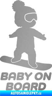 Samolepka Baby on board 009 pravá snowboard stříbrná metalíza