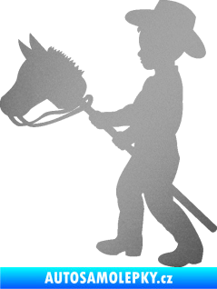 Samolepka Děti silueta 012 levá kluk s dřevěným koníkem stříbrná metalíza
