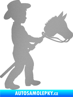 Samolepka Děti silueta 012 pravá kluk s dřevěným koníkem stříbrná metalíza
