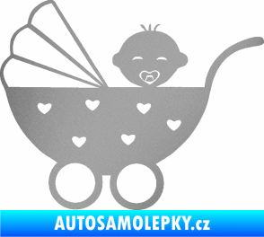Samolepka Dítě v autě 070 levá kočárek s miminkem stříbrná metalíza