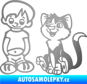 Samolepka Dítě v autě 097 levá kluk a kočka stříbrná metalíza