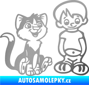 Samolepka Dítě v autě 097 pravá kluk a kočka stříbrná metalíza