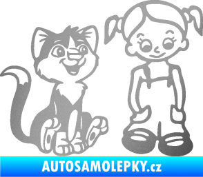 Samolepka Dítě v autě 098 pravá holčička a kočka stříbrná metalíza