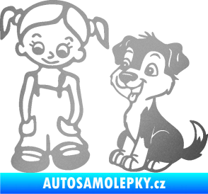 Samolepka Dítě v autě 099 levá holčička a pes stříbrná metalíza