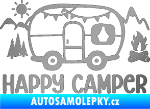 Samolepka Happy camper 002 pravá kempování s karavanem stříbrná metalíza