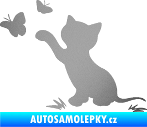 Samolepka Kočka 037 levá s motýlky stříbrná metalíza