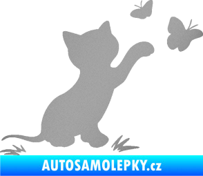 Samolepka Kočka 037 pravá s motýlky stříbrná metalíza