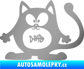 Samolepka Kočka 042 levá s rybou v bříšku stříbrná metalíza