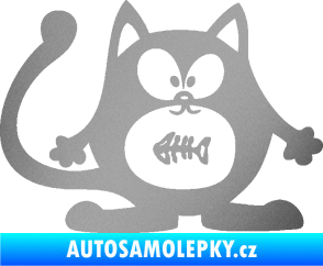 Samolepka Kočka 042 pravá s rybou v bříšku stříbrná metalíza