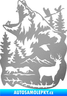 Samolepka Krajina hory 039 levá medvěd a lesní zvěř stříbrná metalíza
