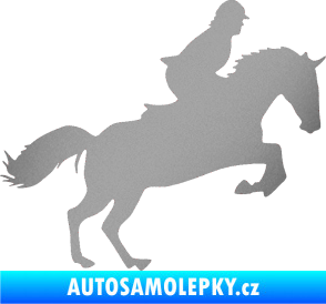 Samolepka Kůň 014 pravá skok s jezdcem stříbrná metalíza